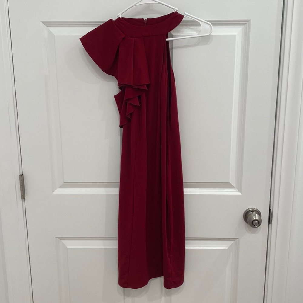 Burgundy high neck dress with ruffle on one shoulder. Size XL.